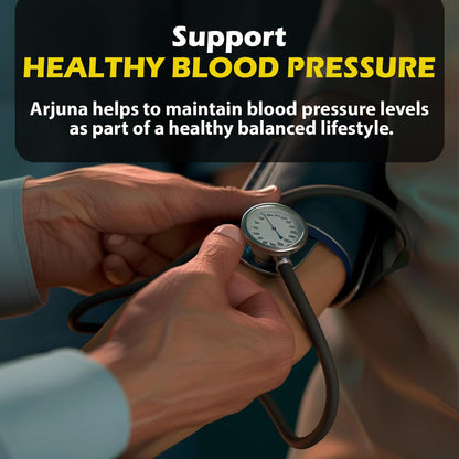 Person checking blood pressure with text about Arjuna supporting healthy blood pressure.