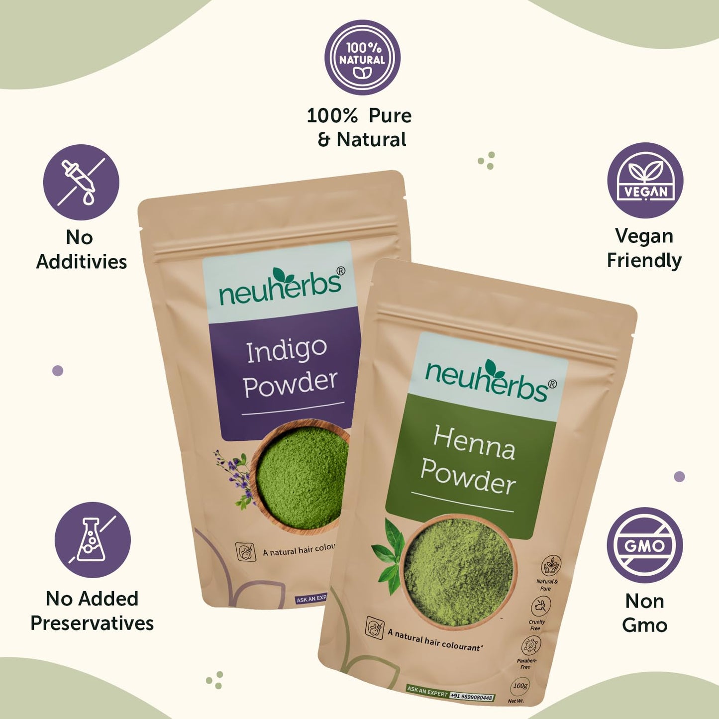 Neuherbs Henna and Indigo Powder for Hair (100 gm Each), Combo Pack | Pure & Natural Powder for Colouring and Nourishing Hair | With No Artificial Colour & Additives