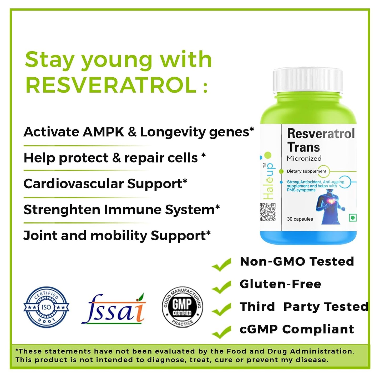 Haleup Trans Resveratrol, 500 mg || 240 capsules II Enriched with Coenzyme Q10 || Healthy Heart|| Brain|| Immunity