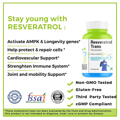 Haleup Trans Resveratrol, 500 mg || 240 capsules II Enriched with Coenzyme Q10 || Healthy Heart|| Brain|| Immunity
