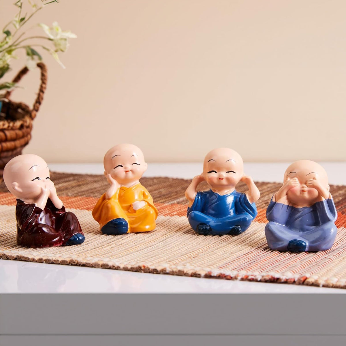 Little Cute Meditating Baby Monk for Decoration (Pack of 4, Multi-Coloured)