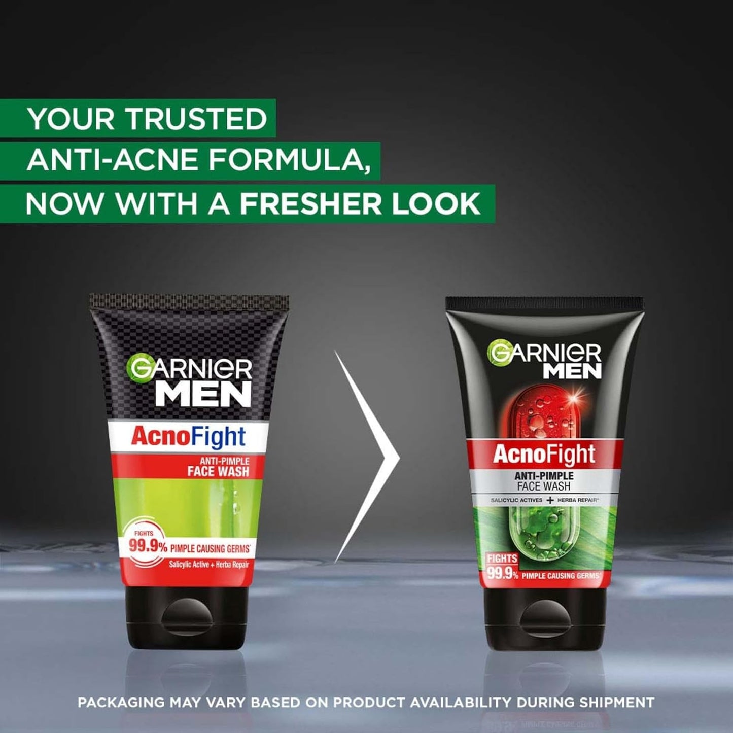 Garnier Men AcnoFight face wash packaging with a fresh look on a gray background
