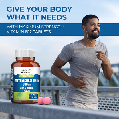 Person jogging with a bottle of Vitamin B12 tablets and text promoting maximum strength tablets.