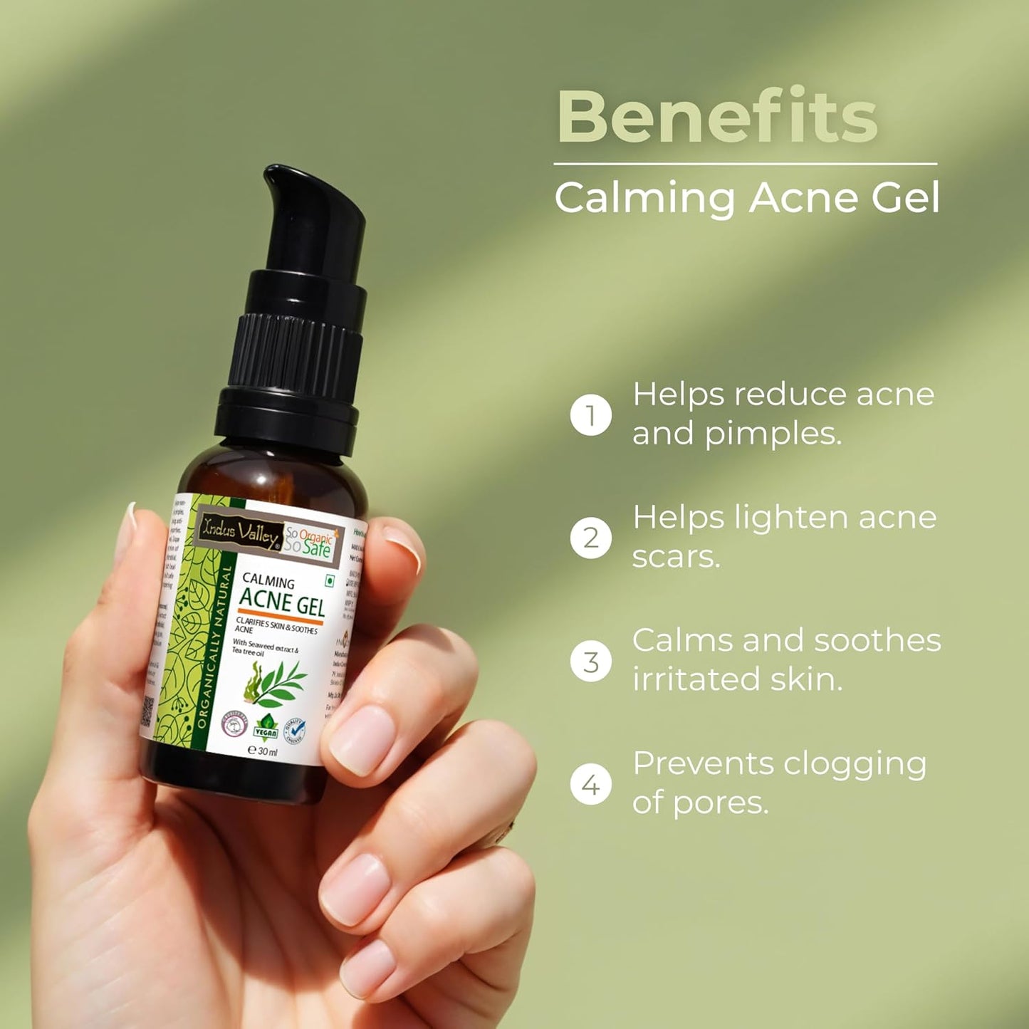 Indus Valley Calming Acne Gel with Seaweed Extract & Tea Tree Oil for Pimples, Soothes, Clarifies, and Refreshes Skin Naturally – 30ml