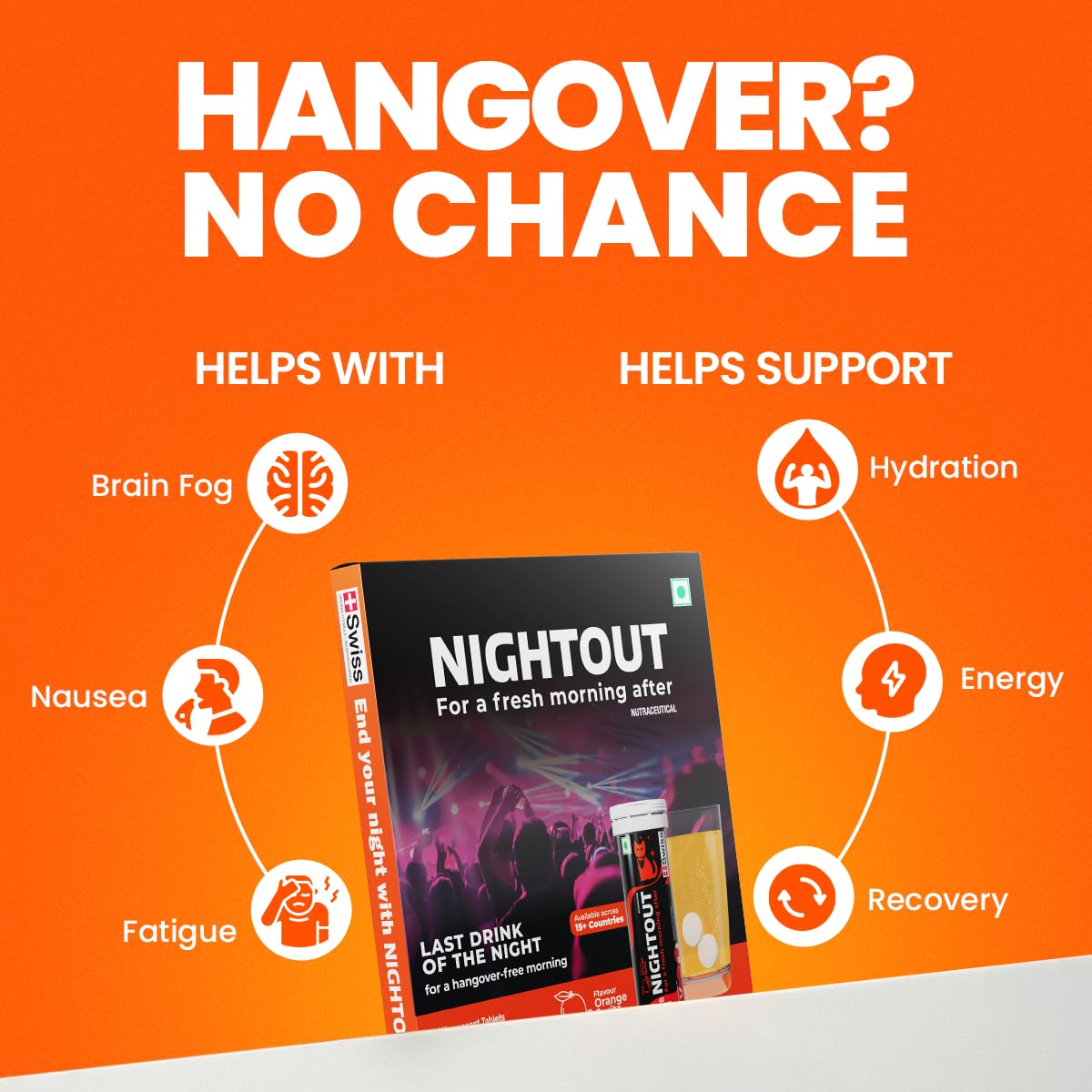 Fast&Up NightOut | 4 Effervescent tabs | Instant Hangover Relief | Helps detoxify liver | Rapid hydration & energy | Helps prevent Hangover | Zero sugar | Orange Flavour