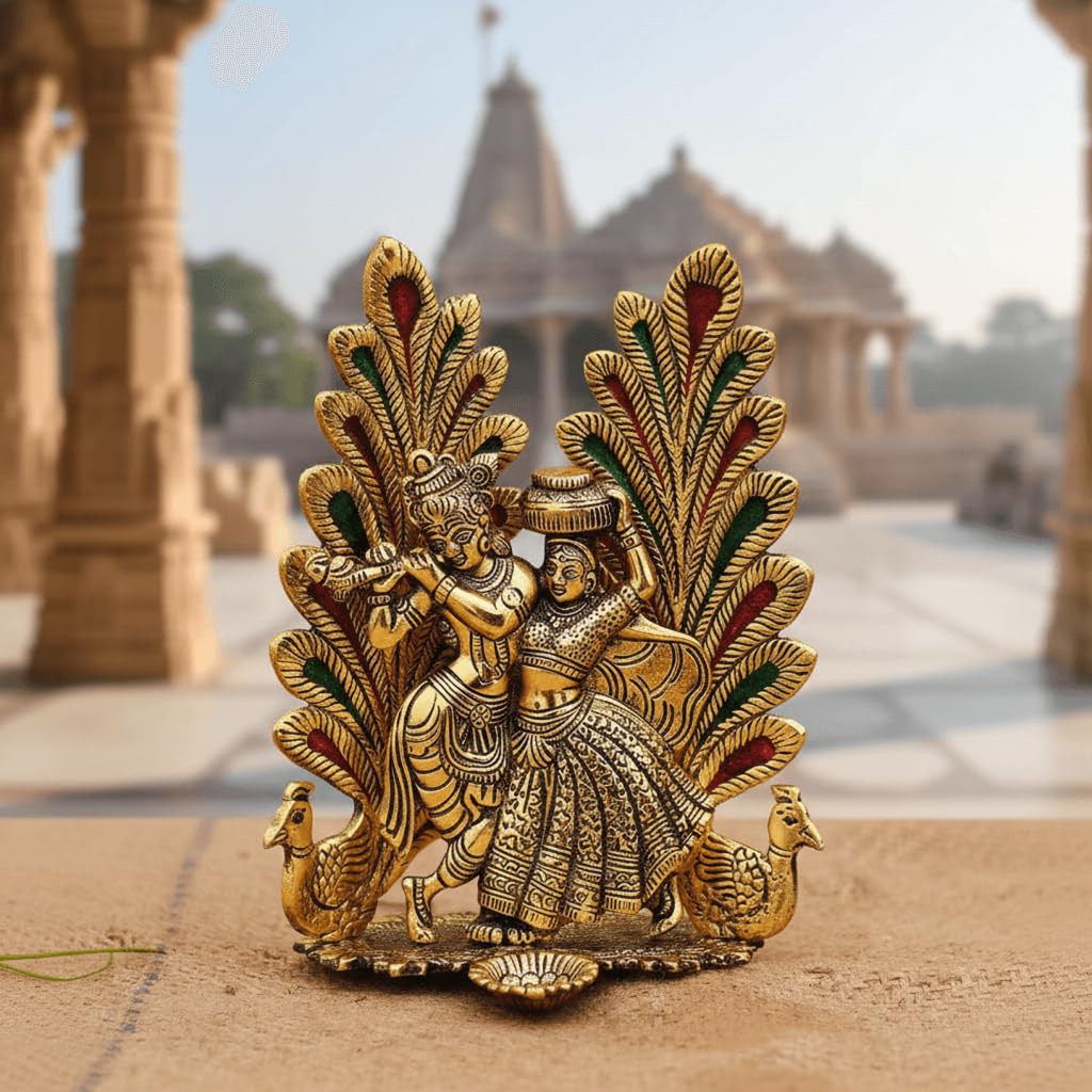 Brass Finish Metal Statue of Lord Krishna and Radha with Peacock, Traditional Indian Decor with Intricate Detailing for Home & Office 7-Inch Decorative Idol for Spiritual, Cultural.