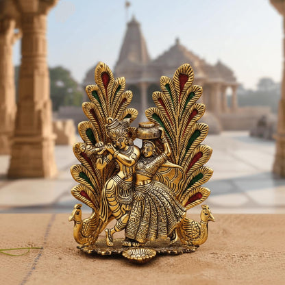 Brass Finish Metal Statue of Lord Krishna and Radha with Peacock, Traditional Indian Decor with Intricate Detailing for Home & Office 7-Inch Decorative Idol for Spiritual, Cultural.