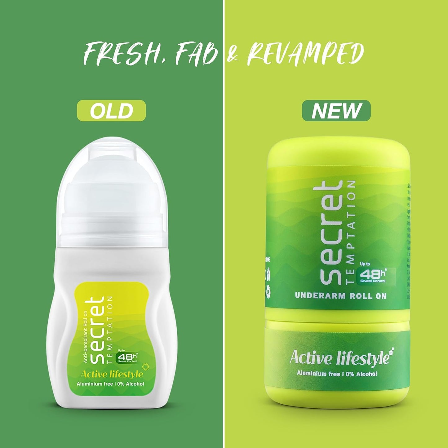 Comparison of an old and new Secret deodorant roll-on bottle on green backgrounds.