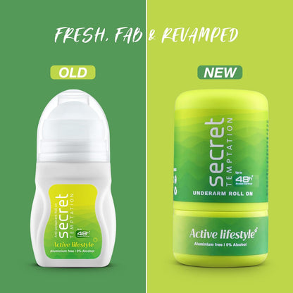 Comparison of an old and new Secret deodorant roll-on bottle on green backgrounds.