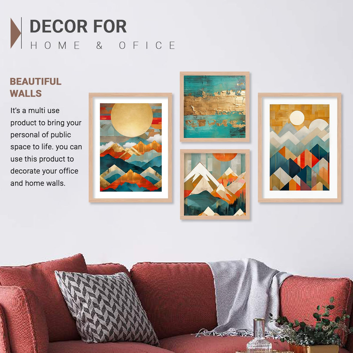 Wood Premium Digital Paintings With Frame For Home Decoration - Painting For Living Room Bedroom Office - Pack Of 4 (D)