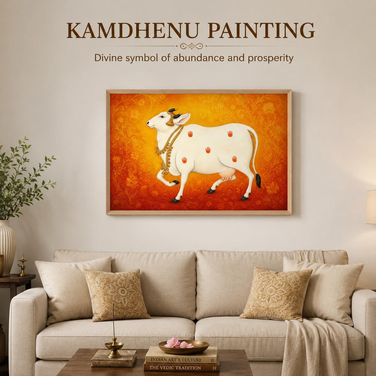 Kamdhenu Cow Vastu Wall Painting for Living Room Bedroom Hall Office Decor, Hindu Spiritual Religious Artwork, Premium Wooden Synthetic Frame (13.5 x 19.5 Inch) NM01-V-175
