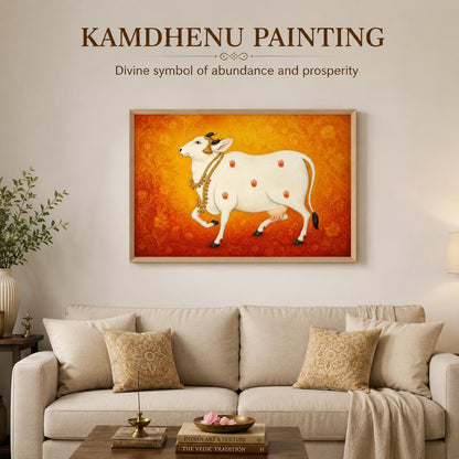 Kamdhenu Cow Vastu Wall Painting for Living Room Bedroom Hall Office Decor, Hindu Spiritual Religious Artwork, Premium Wooden Synthetic Frame (13.5 x 19.5 Inch) NM01-V-175