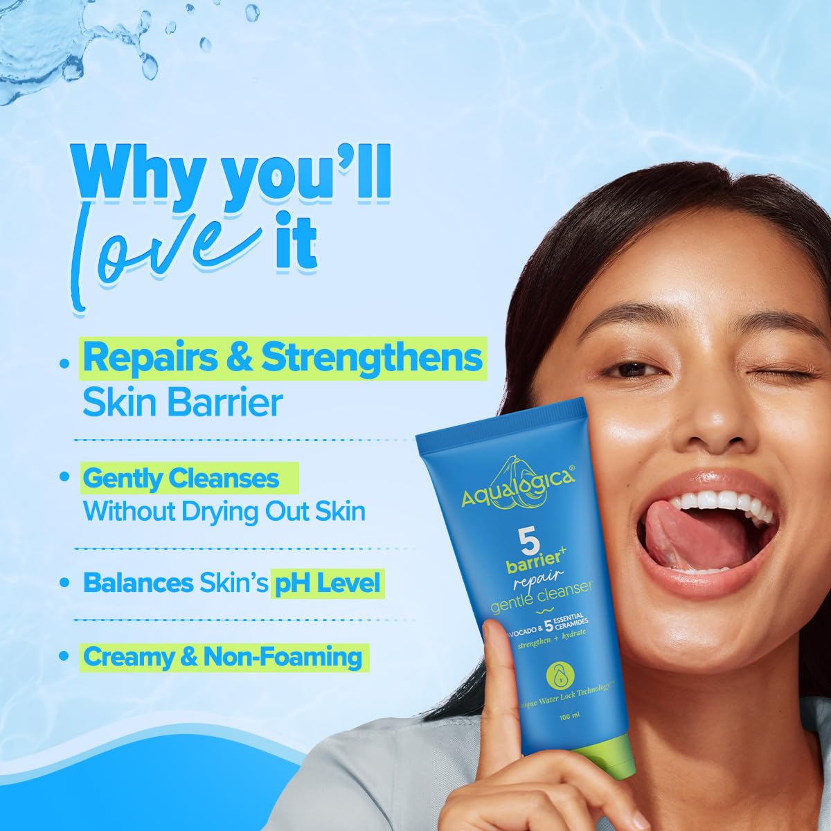 Aqualogica 5 Barrier+Repair Gentle Face Cleanser With Avocado&5 Essential Ceramides-100Ml| Dry To Normal,Sensitive Skin|Strengthens Skin Barrier|Non-Oil Stripping|Gently Cleanses&Hydrates|Men&Women