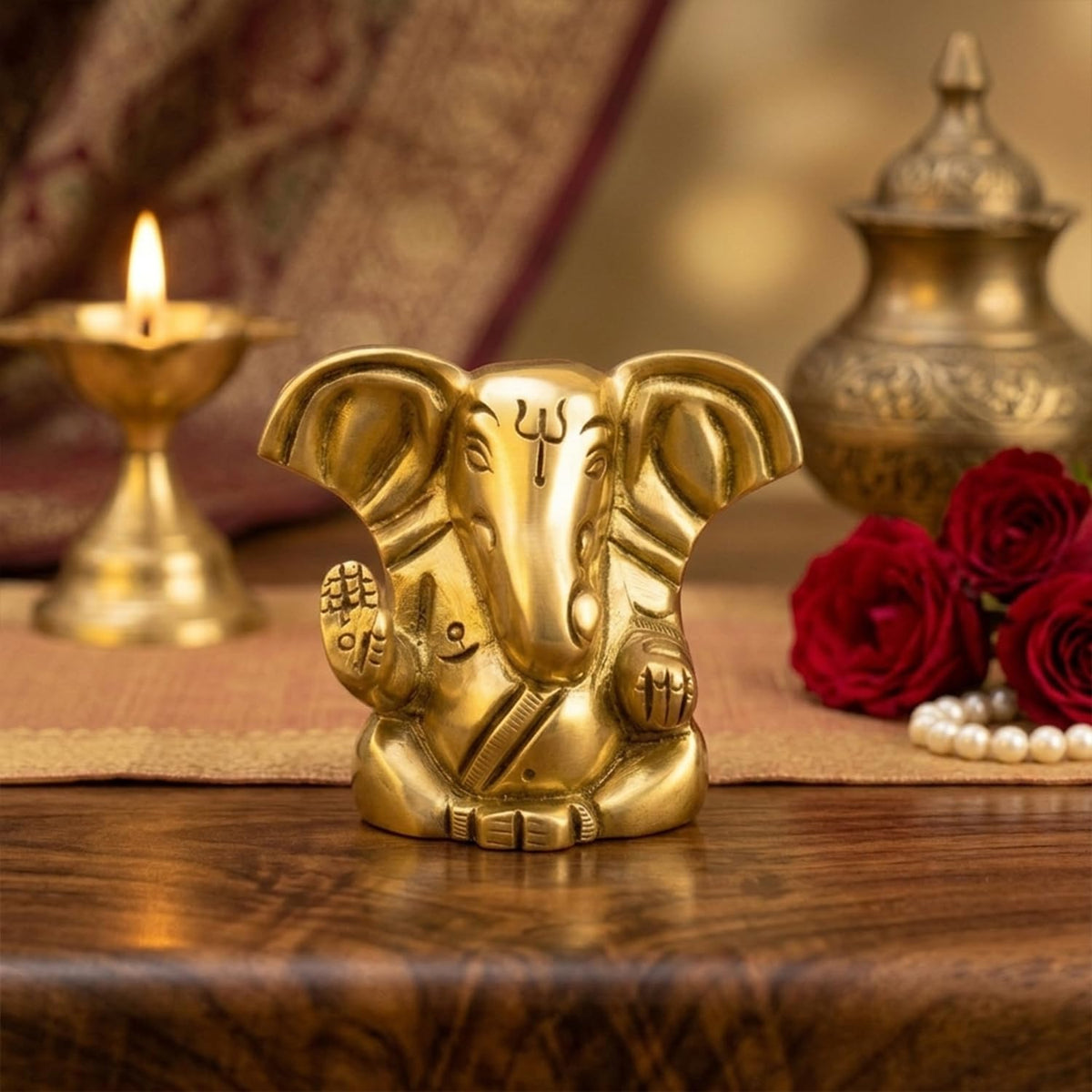 100% Pure Brass Ganesha Idol (Size: 4 cm) | Pital Ganesh Murti for Pooja Room, Home Decor, Office Desk and Car Dashboard | Vinayagar Statue for Diwali Puja