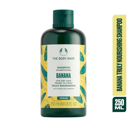 The Body Shop Banana Truly Nourishing Shampoo | Repairs & Smooths Frizz-Prone Hair | Enriched with Organic Banana Puree | Vegetarian | For Nourished & Soft Locks | For Men & Women | 250ml