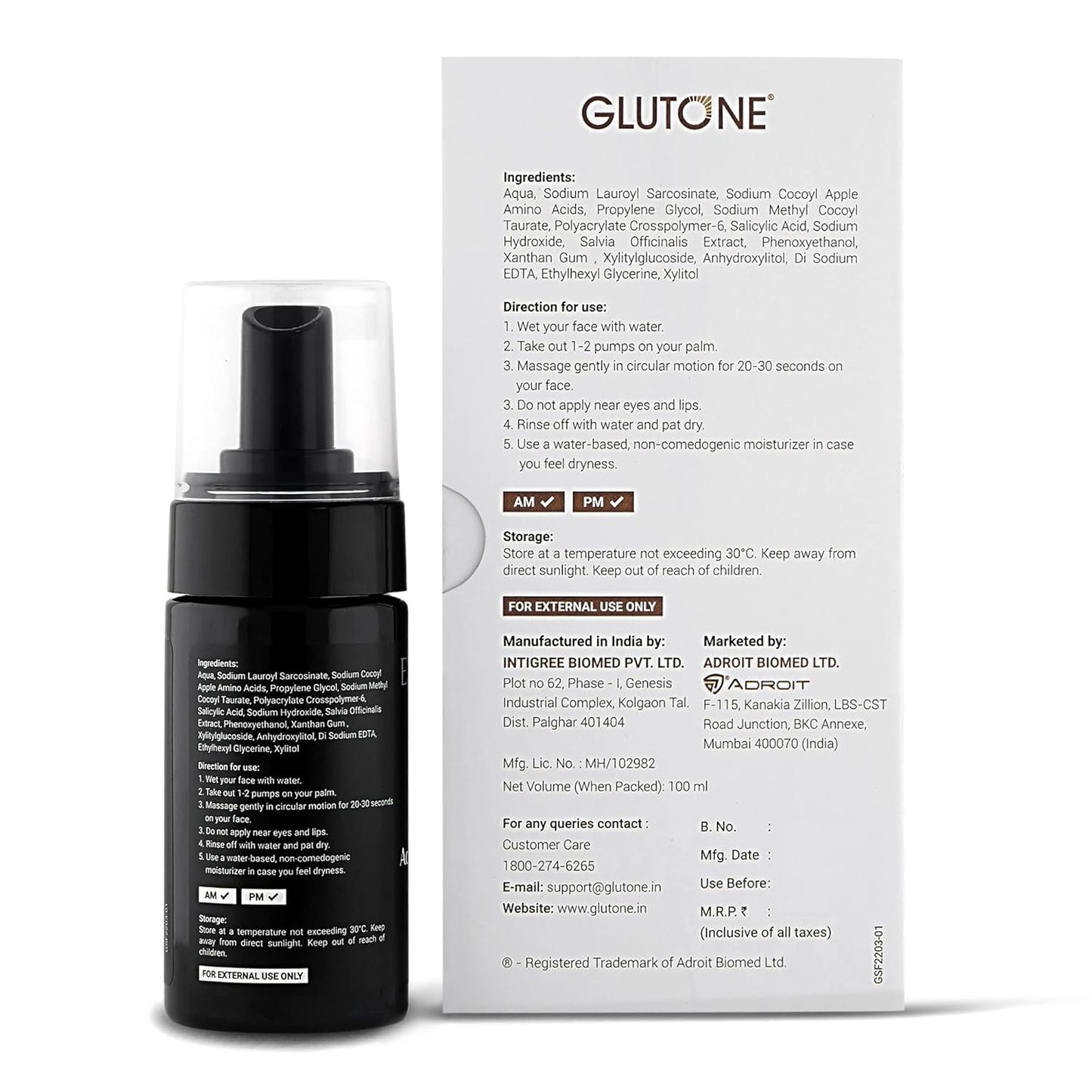 Black skincare serum bottle with GLUTONE packaging on a white background