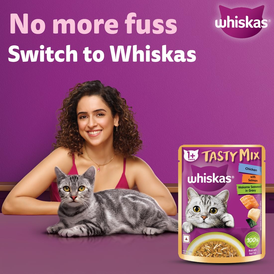 Whiskas Tasty Mix Adult (1+ Year) Wet Cat Food, Chicken with Salmon Wakame Seaweed in Gravy, 70 g, Cat Food Made with Real Fish, Complete & Balanced Nutrition for Adult Cats