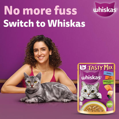 Whiskas Tasty Mix Adult (1+ Year) Wet Cat Food, Chicken with Salmon Wakame Seaweed in Gravy, 70 g, Cat Food Made with Real Fish, Complete & Balanced Nutrition for Adult Cats