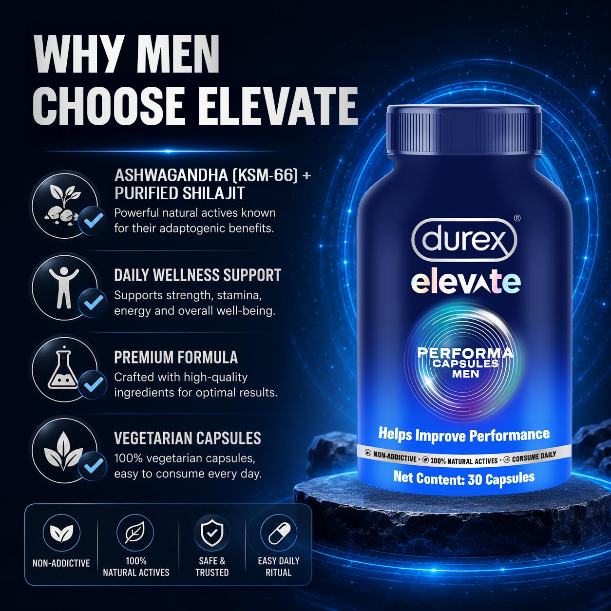 Durex Elevate Performa Capsules for Men | Ashwagandha KSM-66 Purified Shilajit & Supplement | Supports Strength & Stamina | 30 Capsules