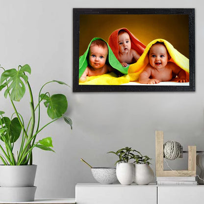 Three Smiling Baby | UV Coated Art Painting | Ready to Hang - (Wood, 14 x 20 inch)