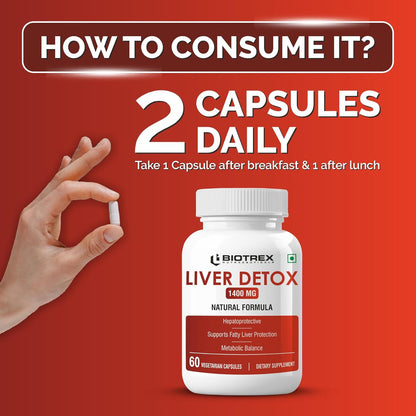 Biotrex Nutraceuticals Liver Detox 1400mg | Milk Thistle (85% Silymarin) with N Acetyl Cysteine | Hepatoprotective | Supports Fatty Liver Protection | Metabolic Balance | Natural Formula - 60 Veg Capsules
