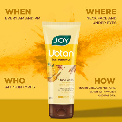 Joy Ubtan tan removal face wash tube on a yellow background with text about usage.