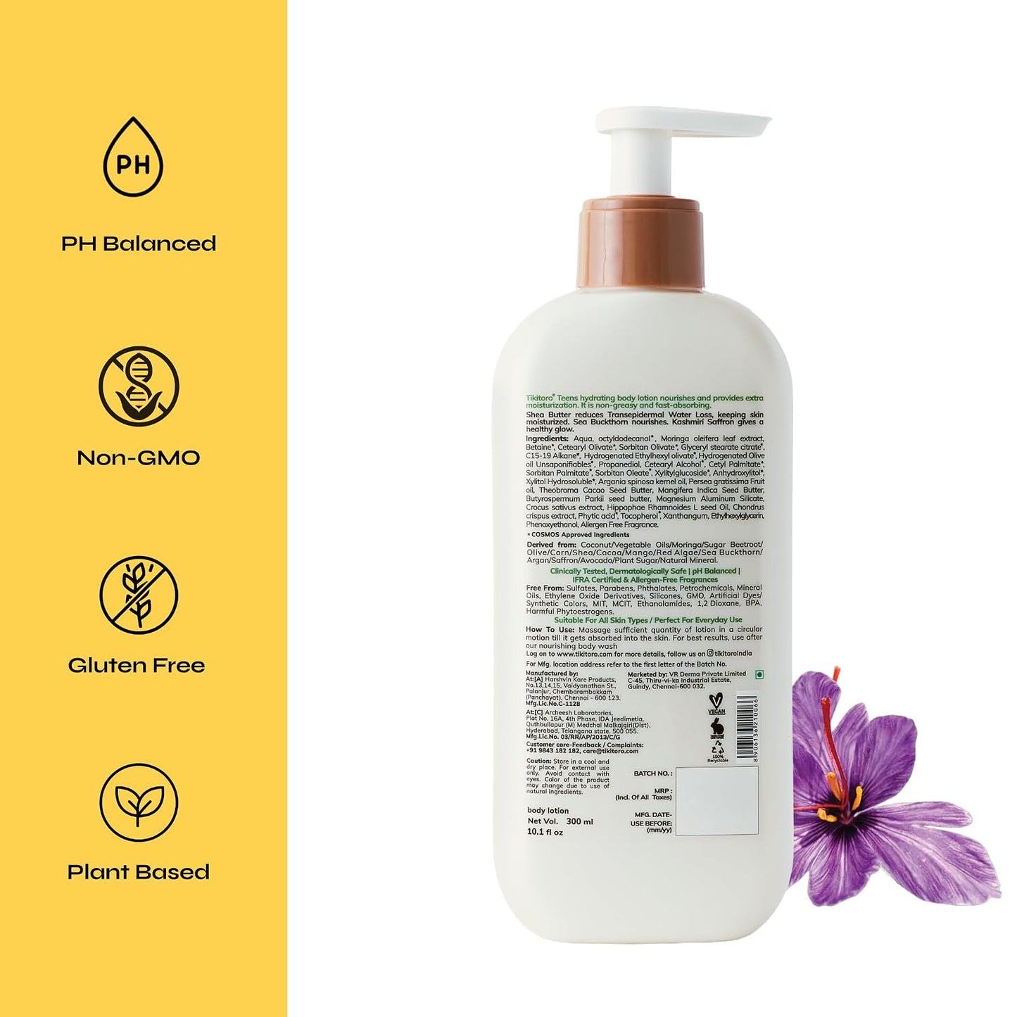 Tikitoro Teens Hydrating Body Lotion 100% Vegan with Shea Butter, Sea Buckthorn, Kashmiri Saffron Extract, Moisturises, Soothes & Nourishes Skin (Age: 11+ Years) (300 ml x 1)