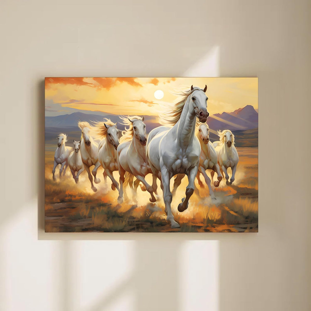 7 White Running Horses Wall Art Painting For Living Room, Abstract Vastu Seven Horses Painting For Wall, Stretched Canvas Decoration item for bedroom, 16x22 Inch