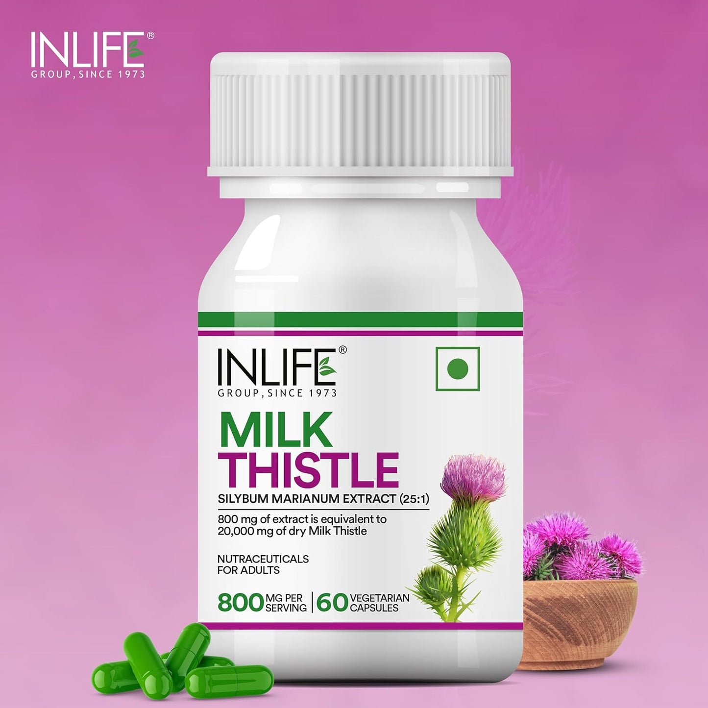 INLIFE Milk Thistle Extract 800mg > 80% Silymarin | Helps in Liver Support, 60 Vegetarian Capsules (Pack of 1, 60)