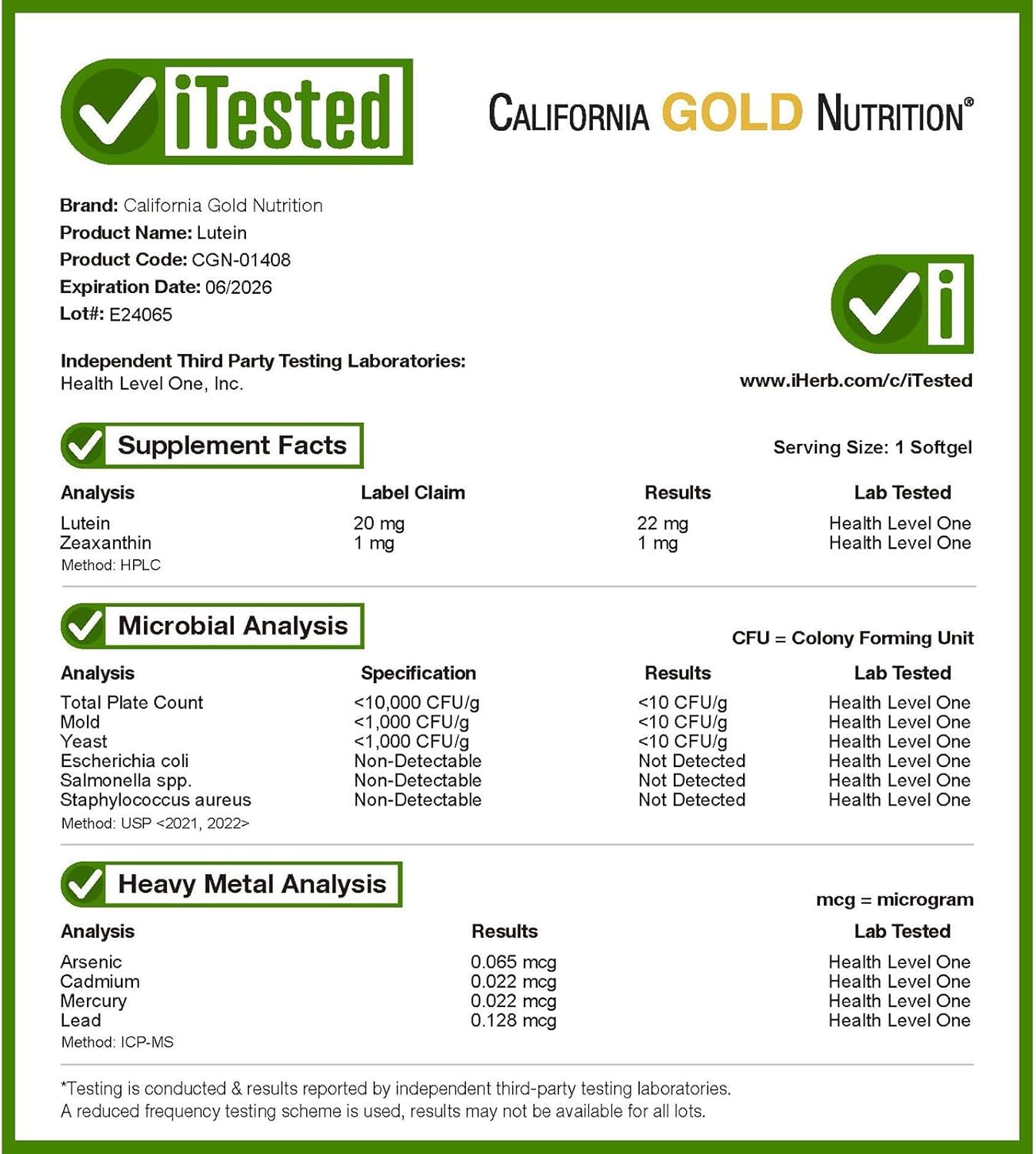 Supplement label for California Gold Nutrition Lutein with iTested testing details.