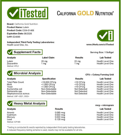 Supplement label for California Gold Nutrition Lutein with iTested testing details.