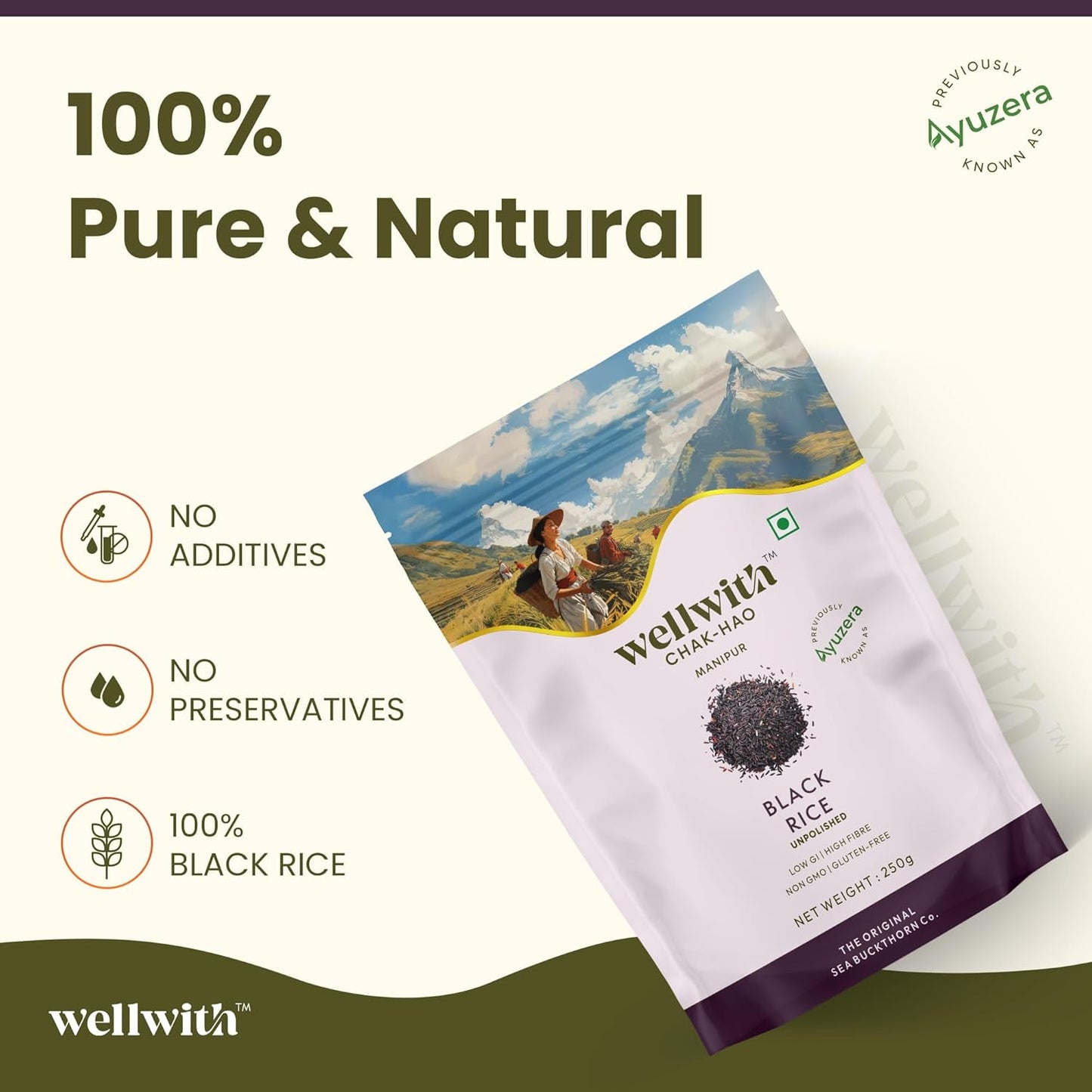 Wellwith (Ayuzera) Black Rice Gluten Free 250g | Chak Hao | Organic Karuppu Kavuni |100% Natural & Organic | Forbidden Manipuri Rice (Pack of 1)