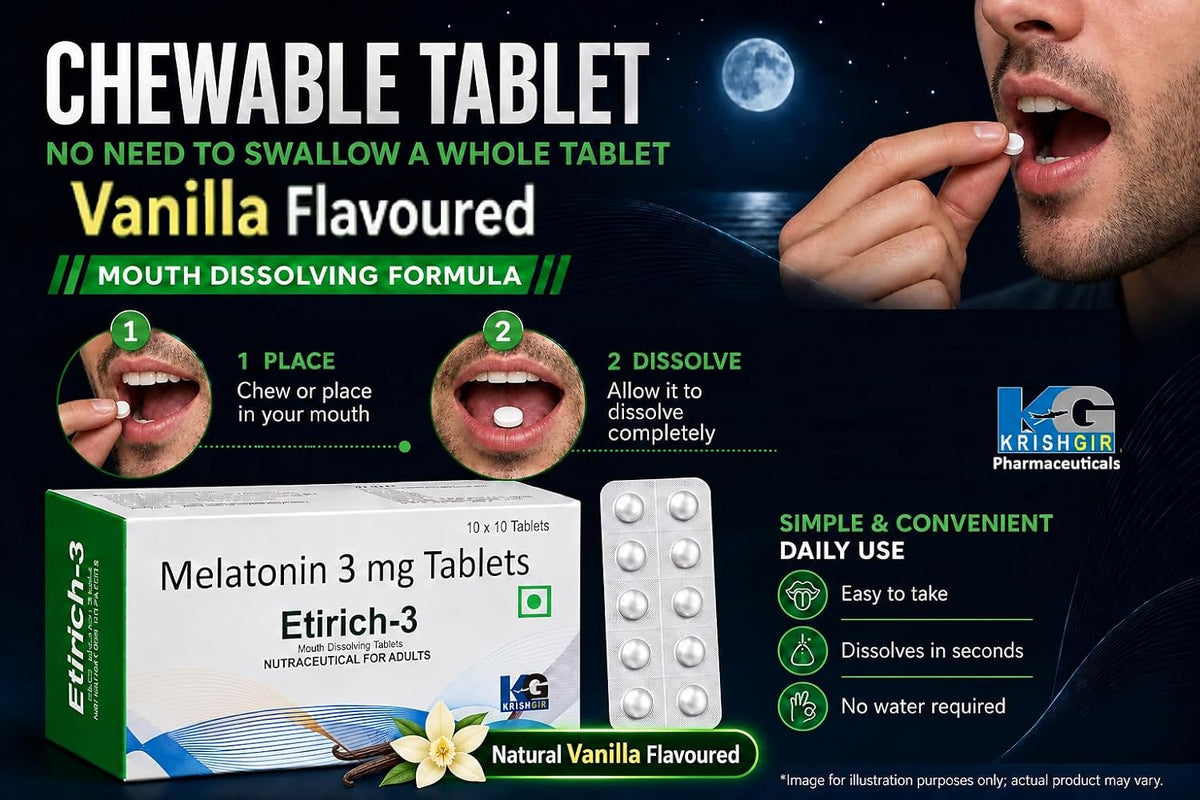 Etirich-3 Melatonin 3 mg Mouth Dissolving Chewable Tablet (100 Tablets) Deep Sleep Support, Non Habit Forming, Helps Regulate Sleep-Wake-Cycle, Sleeping Aid Nutrition Supplement, Vanilla flavoured