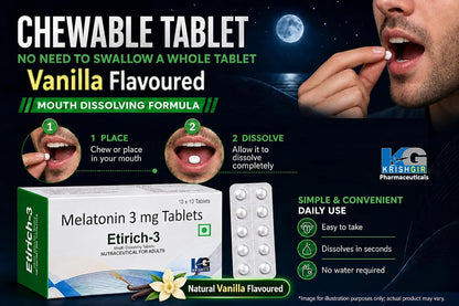 Etirich-3 Melatonin 3 mg Mouth Dissolving Chewable Tablet (100 Tablets) Deep Sleep Support, Non Habit Forming, Helps Regulate Sleep-Wake-Cycle, Sleeping Aid Nutrition Supplement, Vanilla flavoured