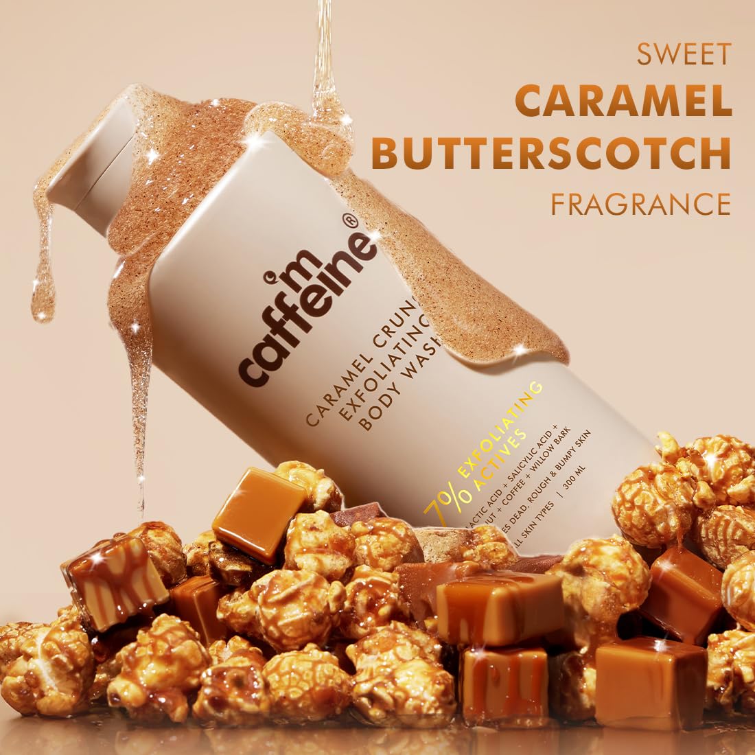 Caramel butterscotch themed product with 'm caffeine' branding on a beige background
