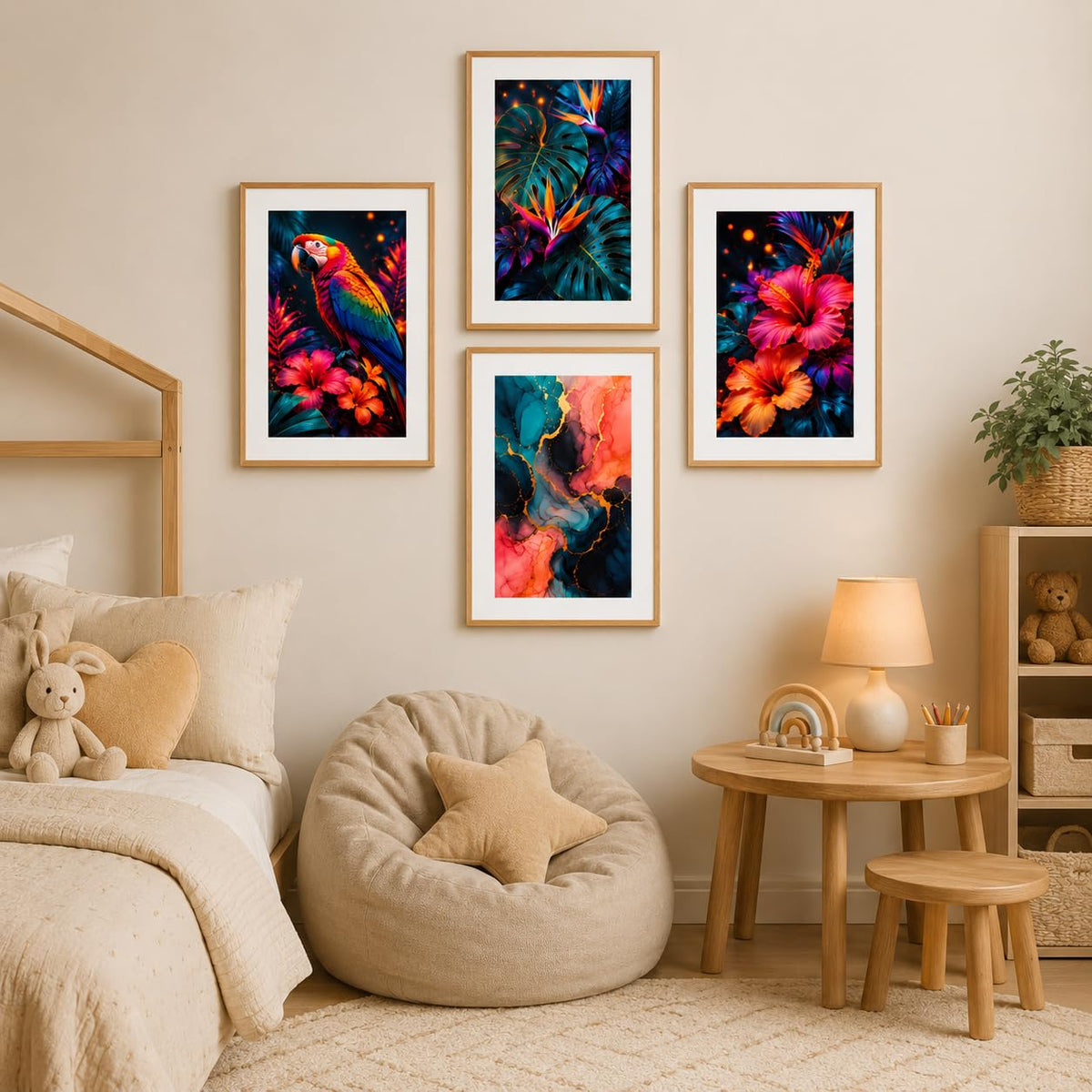Set of 4 Tropical Parrot Floral & Abstract Wall Paintings with Sparkle Laminate and Premium Wooden Synthetic Frame for Living Room Bedroom Office Decor (13.5 x 19.5 Inch)