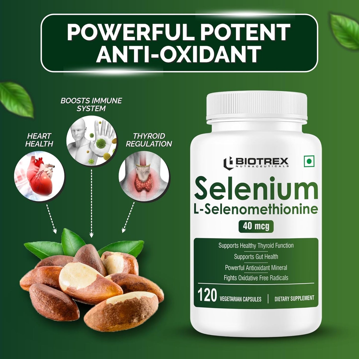 Biotrex Nutraceuticals Selenium 40mcg (L-Selenomethionine) Essential Trace Mineral with Superior Absorption | Antioxidant | Supports Immunity & Healthy Thyroid Function - 120 Veg Capsules