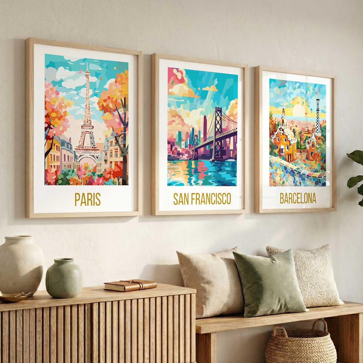 Decorative Travel poster With Frame Wall Art Home Decor Painting For Living Room Office Hotel Wall Decor Digital Reprint Set of 3 (13X17 inch)