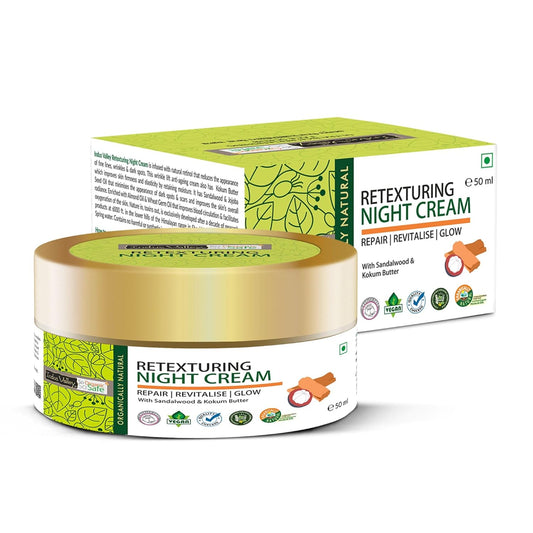 Retexturing night cream jar and box with green and gold design on a white background