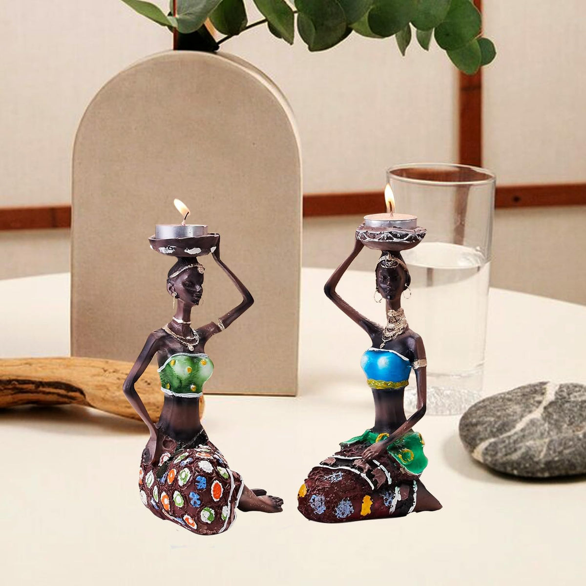 Handcrafted Home Decor Art Piece | Sitting African Tribal Women with Candle Holder | Set of 2 (Multicolor)