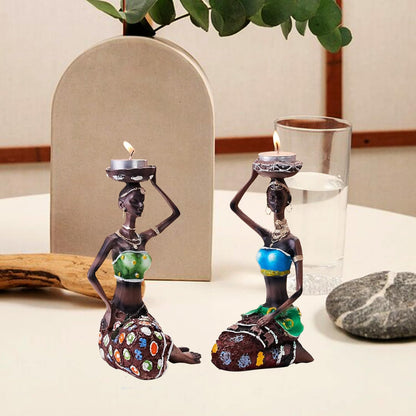 Handcrafted Home Decor Art Piece | Sitting African Tribal Women with Candle Holder | Set of 2 (Multicolor)