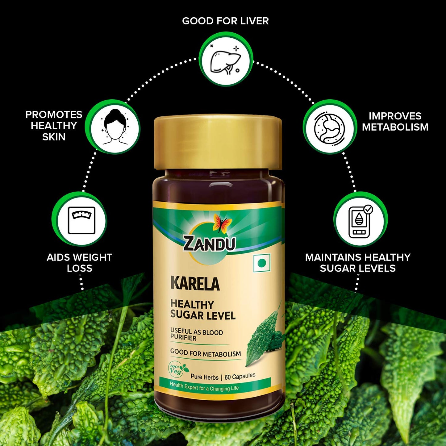 Zandu Karela Pure Herbs (Bitter Melon) for Healthy Sugar Levels and Improved Metabolism | 100% Natural & Authentic | Powerful Blood Purifier for Glowing Skin - 60 Veg capsules