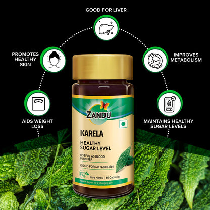 Zandu Karela Pure Herbs (Bitter Melon) for Healthy Sugar Levels and Improved Metabolism | 100% Natural & Authentic | Powerful Blood Purifier for Glowing Skin - 60 Veg capsules