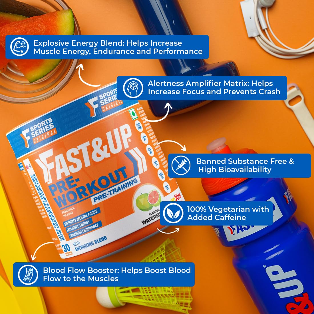 Fast&Up Pre-Workout Supplement Powder (30 Servings, Watermelon Flavour) | Pre Workout Supplement For Men & Women with B-Alanine, Creatine, Taurine For Performance & Energy Boost, 300 gm