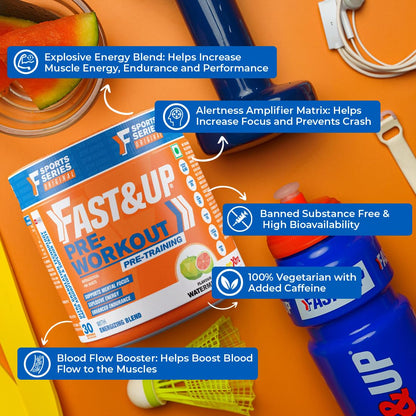 Fast&Up Pre-Workout Supplement Powder (30 Servings, Watermelon Flavour) | Pre Workout Supplement For Men & Women with B-Alanine, Creatine, Taurine For Performance & Energy Boost, 300 gm