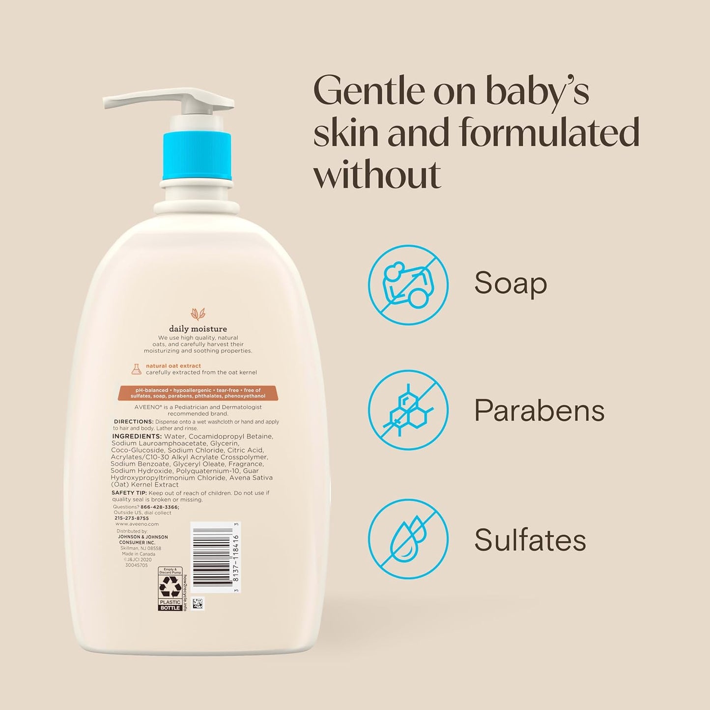Aveeno Baby Gentle Wash and Shampoo with Natural Oat Extract, Tear and Lightly Scented, 33 fl. Oz (976ml)