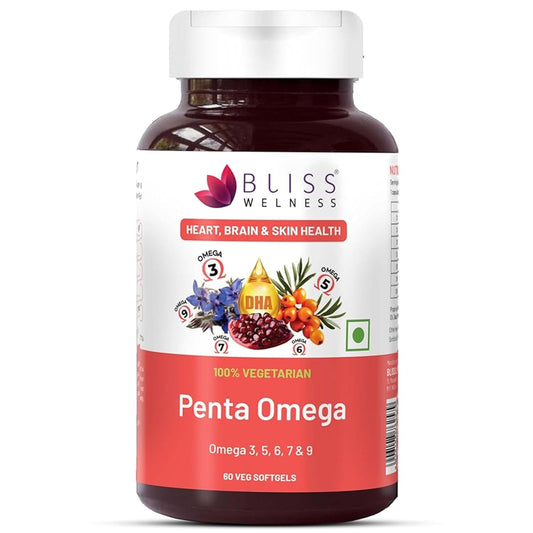 Bliss Welness Veg Omega 3 5 6 7 9 Supplement | Plant Based Algal (DHA), Flaxseed Oil (ALA), Pomegranate Seed, Sea Buckthorn, Borage (GLA), Rosemary Extract, Sunflower Extract & No Fish Oil 60 Vegan Softgel Capsules