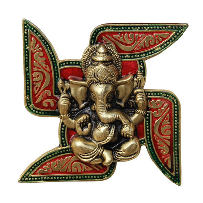 Handcrafted Metal Swastik Wall Hanging with Lord Ganesha, Decorative Meenakari Finish Auspicious Swastik for Home Entrance, Temple & Office Décor 7.2 x 7.2 Inch