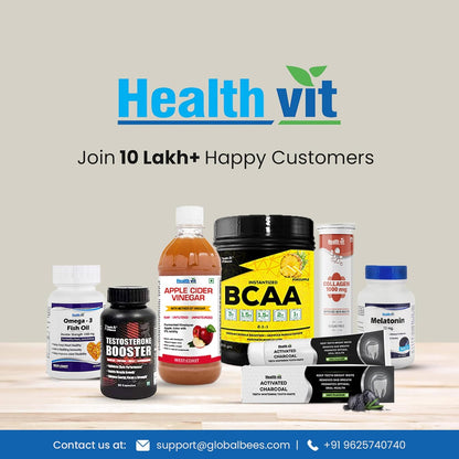 Healthvit supplement products on a wooden surface with a light gray background