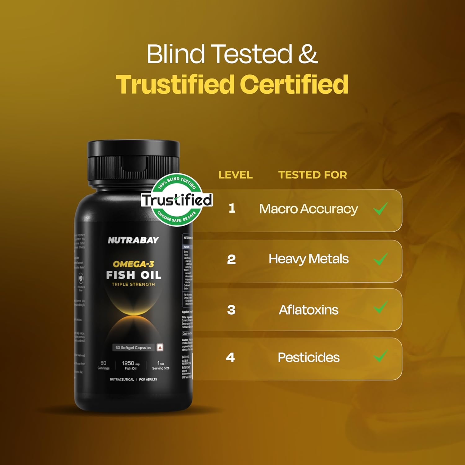 NUTRABAY Omega-3 Fish Oil bottle with Trustified certification on a brown background